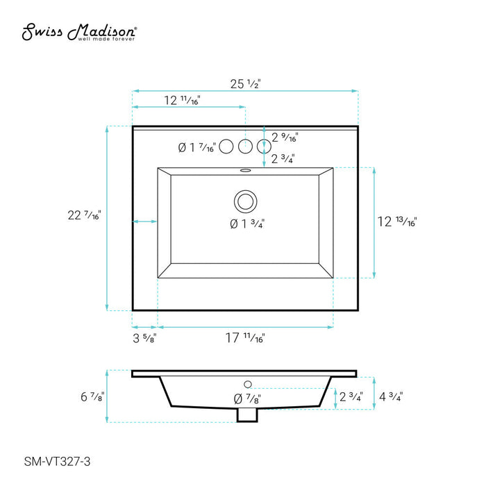 Swiss Madison Voltaire 25 Vanity Top Sink with 3 Centerset Faucet Holes - SM-VT327-3