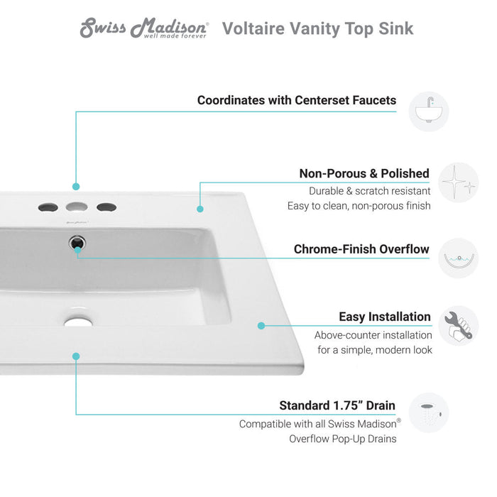 Swiss Madison Voltaire 25 Vanity Top Sink with 3 Centerset Faucet Holes - SM-VT327-3