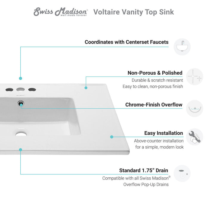 Swiss Madison Voltaire 31 Vanity Top Sink with 3 Centerset Faucet Holes - SM-VT328-3