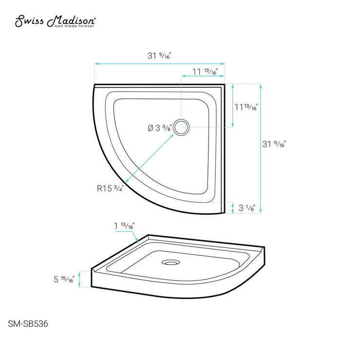 Swiss Madison Voltaire 32" x 32" Acrylic White, Single-Threshold, Center Drain, Neo-angle Shower Base - SM-SB536