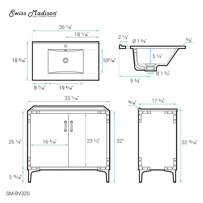 Swiss Madison Voltaire 36" Single, Bathroom Vanity in White with Gold Hardware - SM-BV320