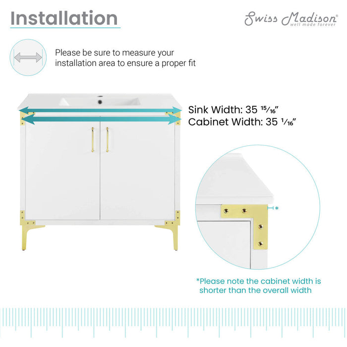 Swiss Madison Voltaire 36" Single, Bathroom Vanity in White with Gold Hardware - SM-BV320