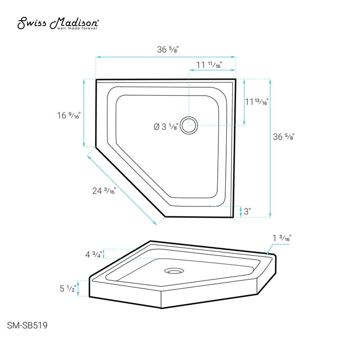 Swiss Madison Voltaire 36" x 36" Acrylic White, Single-Threshold, Center Drain, Neo-angle Shower Base - SM-SB519