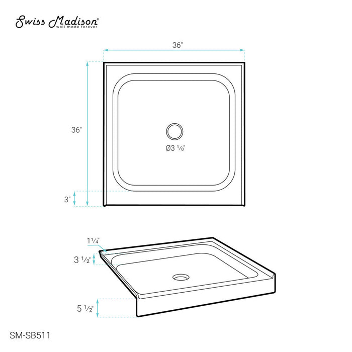 Swiss Madison Voltaire 36" x 36" Acrylic White, Single-Threshold, Center Drain, Shower Base - SM-SB511