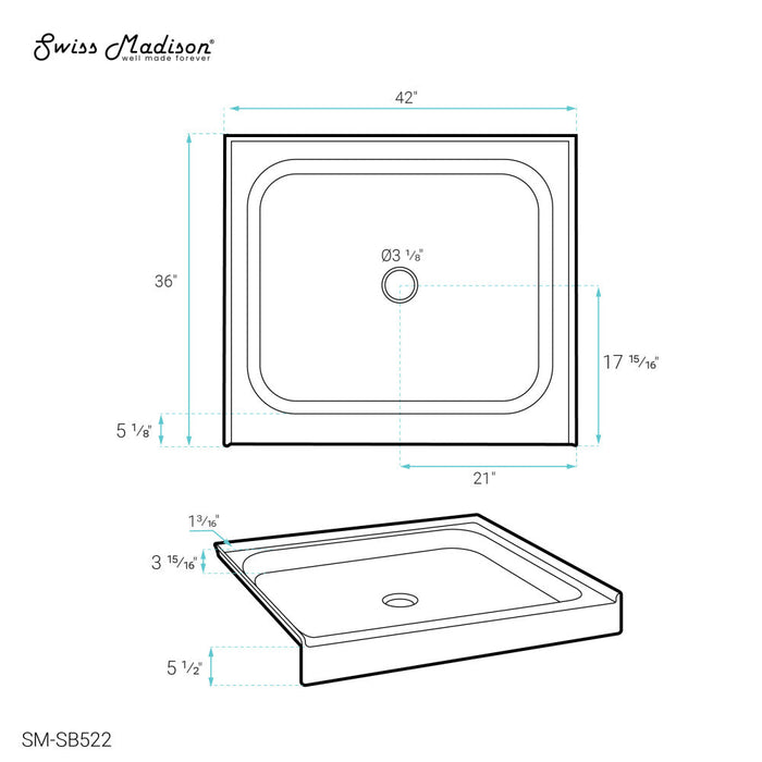 Swiss Madison Voltaire 42" x 36" Acrylic White, Single-Threshold, Center Drain, Shower Base - SM-SB522