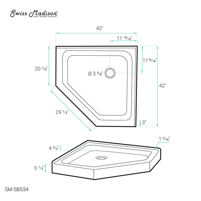 Swiss Madison Voltaire 42" x 42" Acrylic White, Single-Threshold, Center Drain, Neo-angle Shower Base - SM-SB534