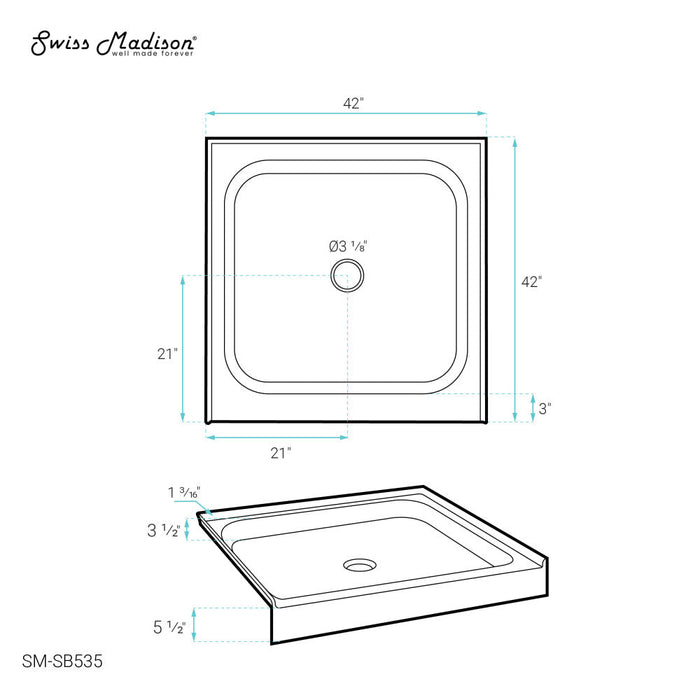 Swiss Madison Voltaire 42" x 42" Acrylic White, Single-Threshold, Center Drain, Shower Base - SM-SB535