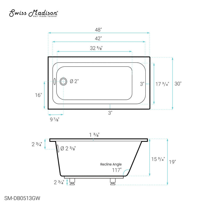 Swiss Madison Voltaire 48" x 30" Reversible Drain Drop-In Bathtub - SM-DB0513GW