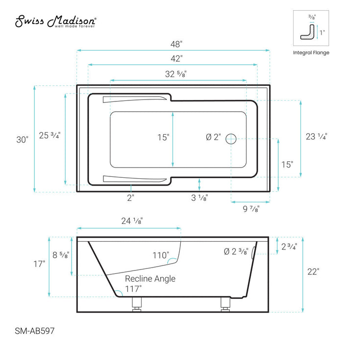 Swiss Madison Voltaire 48" x 30" Right-Hand Drain Alcove Integrated Armrest Bathtub with Apron - SM-AB597