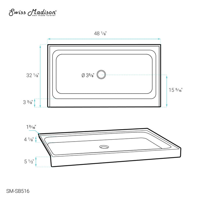 Swiss Madison Voltaire 48" x 32" Acrylic White, Single-Threshold, Center Drain, Shower Base - SM-SB516