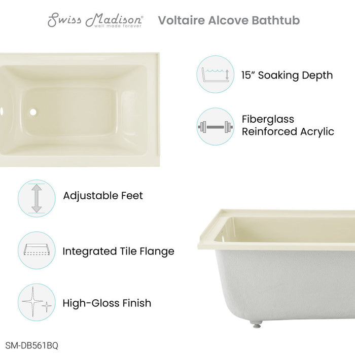 Swiss Madison Voltaire 48" x 32" Left-Hand Drain Alcove Bathtub in Bisque - SM-DB561BQ