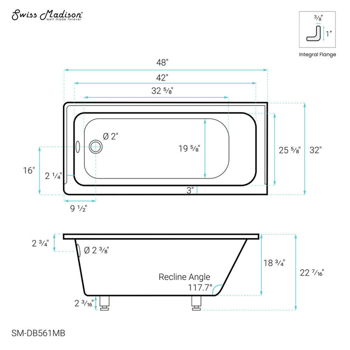 Swiss Madison Voltaire 48" x 32" Left-Hand Drain Alcove Bathtub in Matte Black - SM-DB561MB