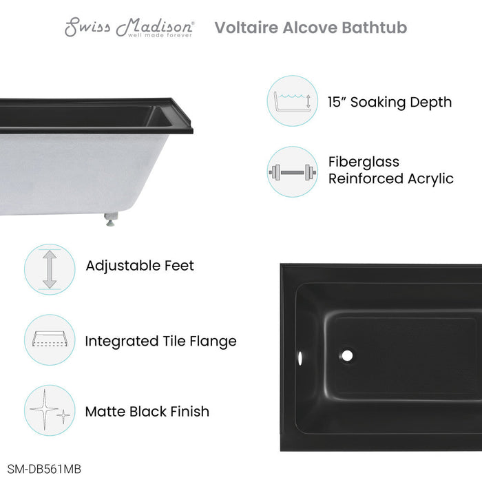 Swiss Madison Voltaire 48" x 32" Left-Hand Drain Alcove Bathtub in Matte Black - SM-DB561MB