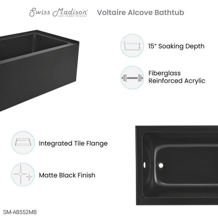 Swiss Madison Voltaire 48" x 32" Left-Hand Drain Alcove Bathtub with Apron in Matte Black - SM-AB552MB