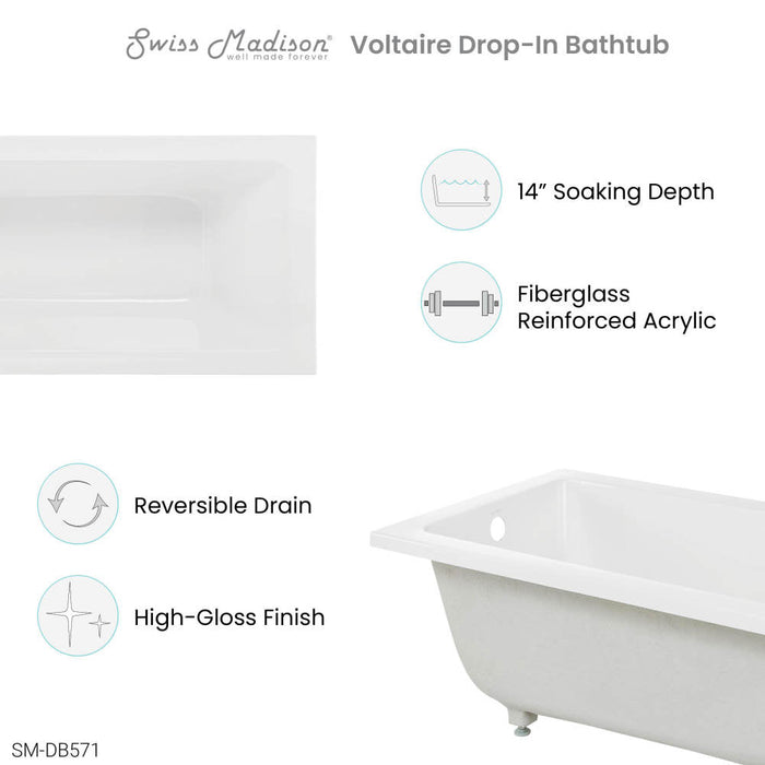 Swiss Madison Voltaire 48" x 32" Reversible Drain Drop-In Bathtub - SM-DB571