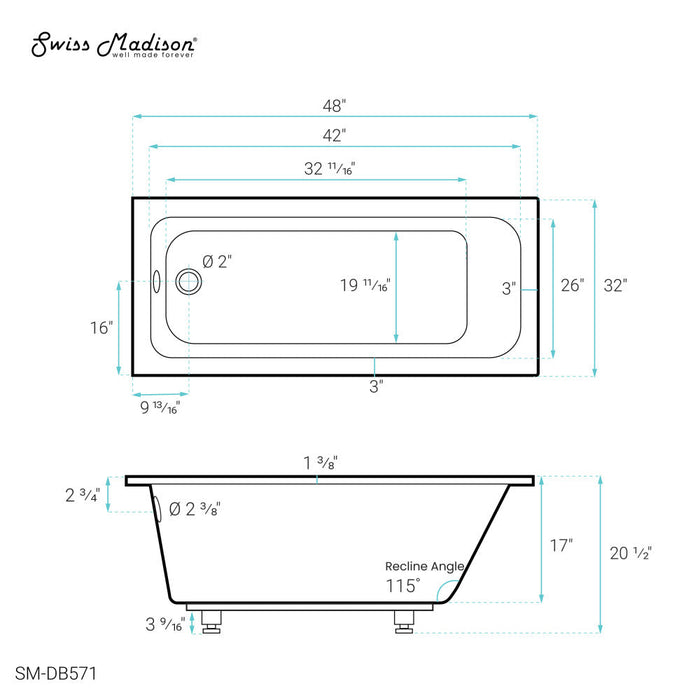 Swiss Madison Voltaire 48" x 32" Reversible Drain Drop-In Bathtub - SM-DB571