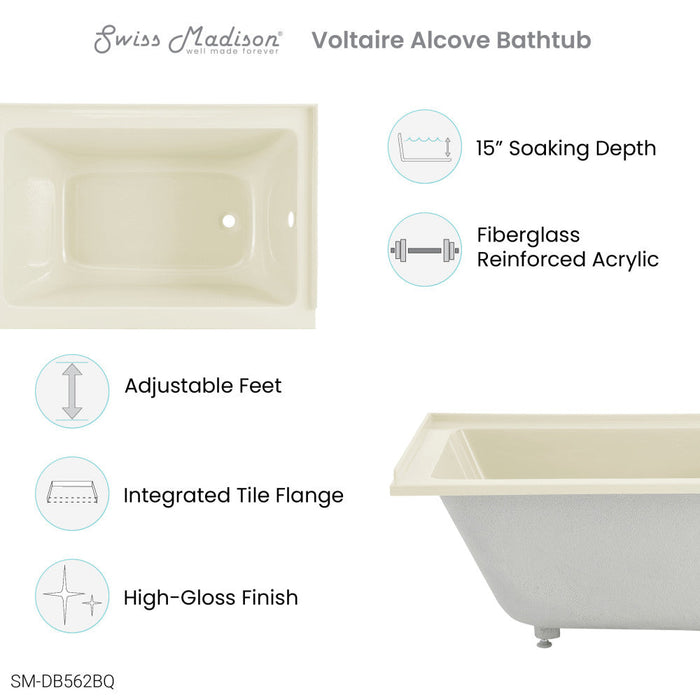 Swiss Madison Voltaire 48" x 32" Right-Hand Drain Alcove Bathtub in Bisque - SM-DB562BQ