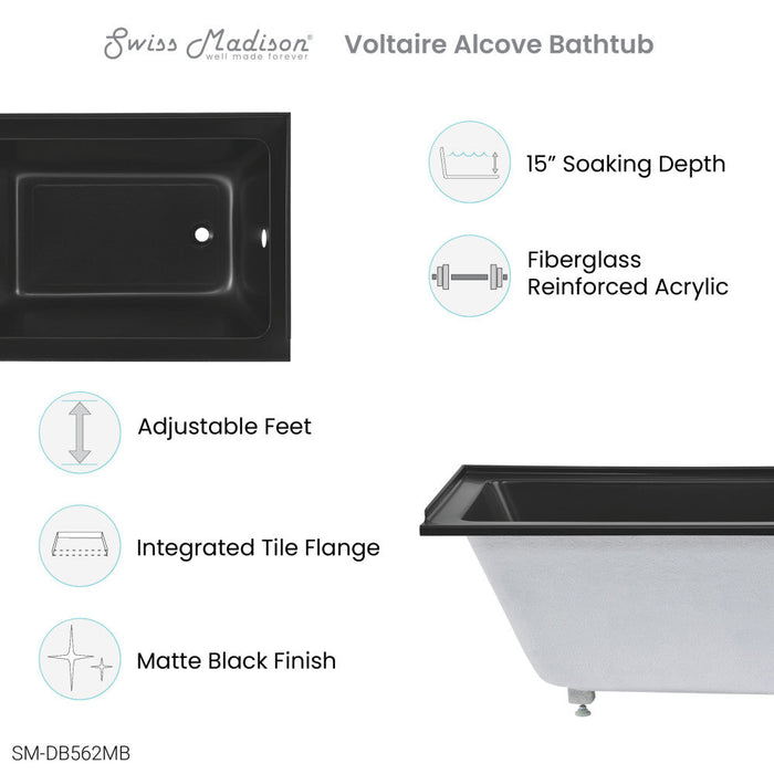 Swiss Madison Voltaire 48" x 32" Right-Hand Drain Alcove Bathtub in Matte Black - SM-DB562MB