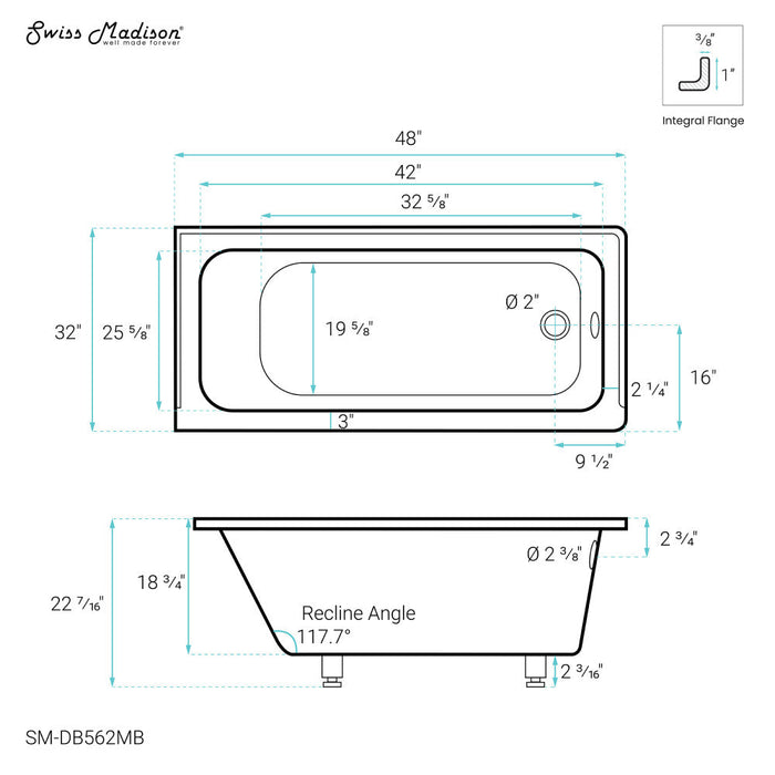 Swiss Madison Voltaire 48" x 32" Right-Hand Drain Alcove Bathtub in Matte Black - SM-DB562MB