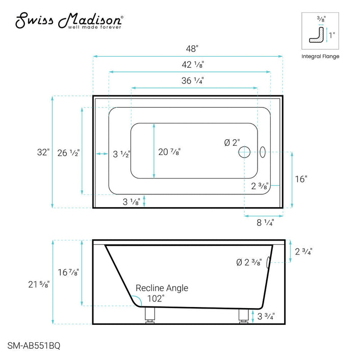 Swiss Madison Voltaire 48" x 32" Right-Hand Drain Alcove Bathtub with Apron in Bisque - SM-AB551BQ