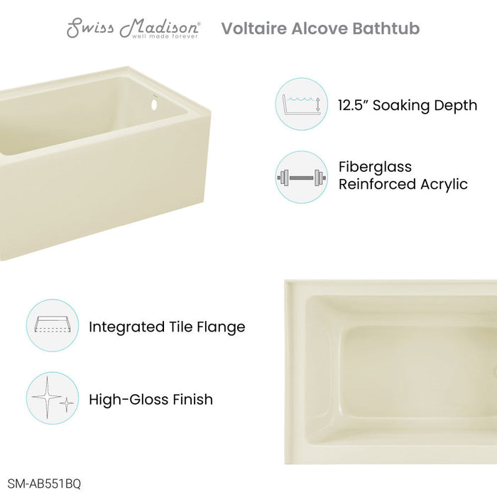 Swiss Madison Voltaire 48" x 32" Right-Hand Drain Alcove Bathtub with Apron in Bisque - SM-AB551BQ