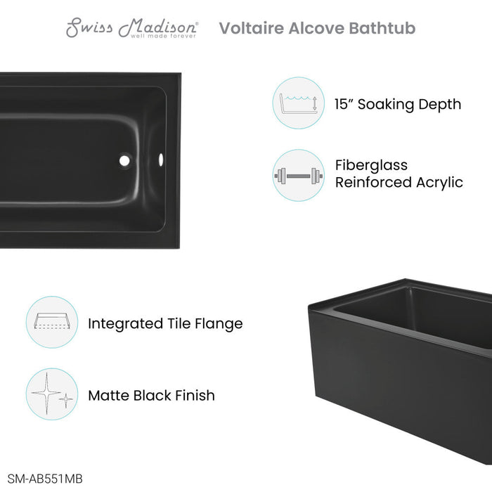 Swiss Madison Voltaire 48" x 32" Right-Hand Drain Alcove Bathtub with Apron in Matte Black - SM-AB551MB