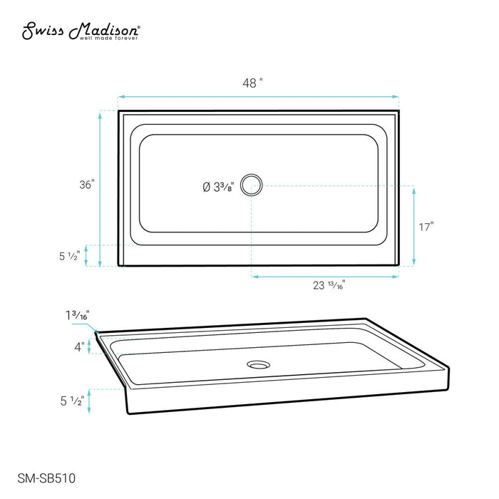 Swiss Madison Voltaire 48" x 36" Acrylic White, Single-Threshold, Center Drain, Shower Base - SM-SB510