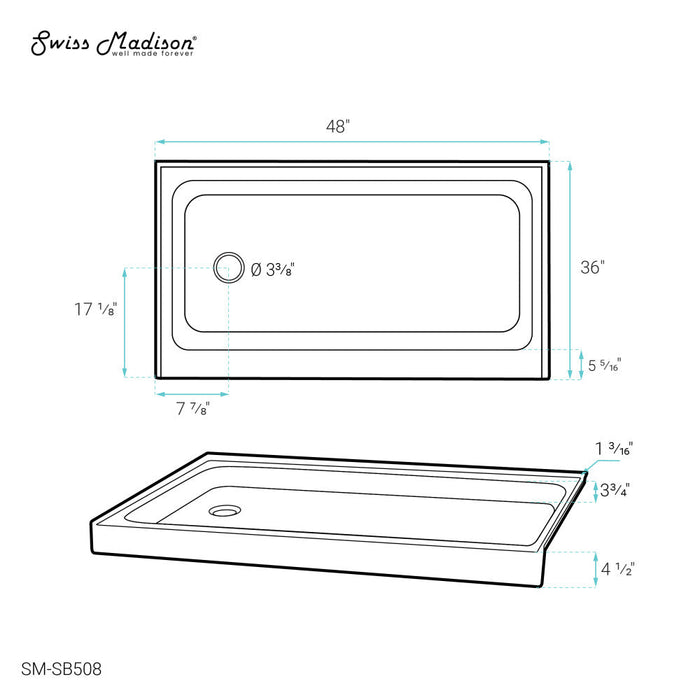 Swiss Madison Voltaire 48" x 36" Acrylic White, Single-Threshold, Left Drain, Shower Base - SM-SB508