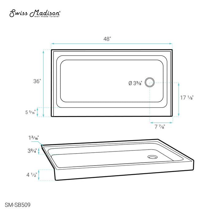 Swiss Madison Voltaire 48" x 36" Acrylic White, Single-Threshold, Right Drain, Shower Base - SM-SB509