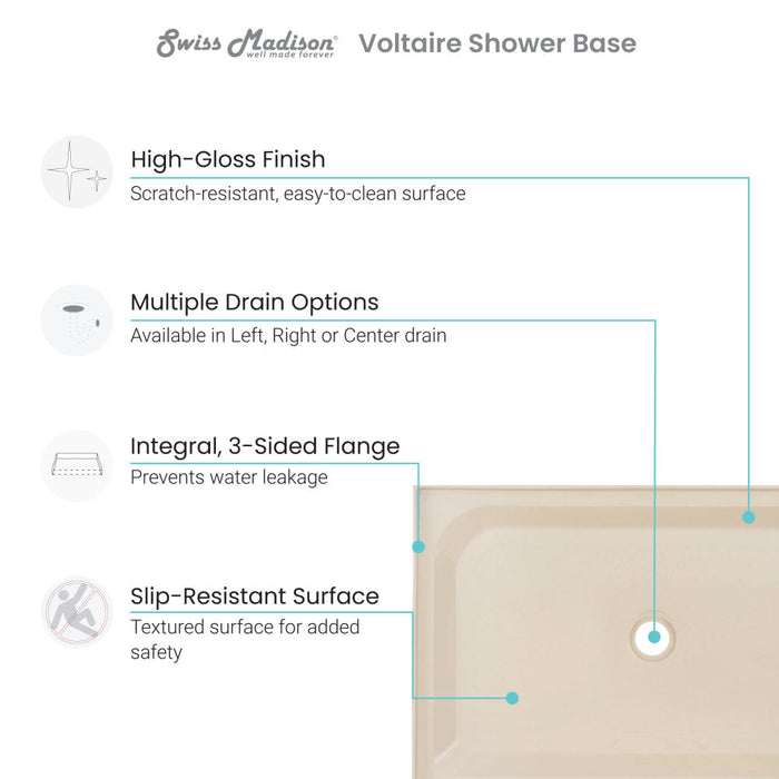 Swiss Madison Voltaire 48" x 36" Single-Threshold, Center Drain, Shower Base in Bisque - SM-SB510V