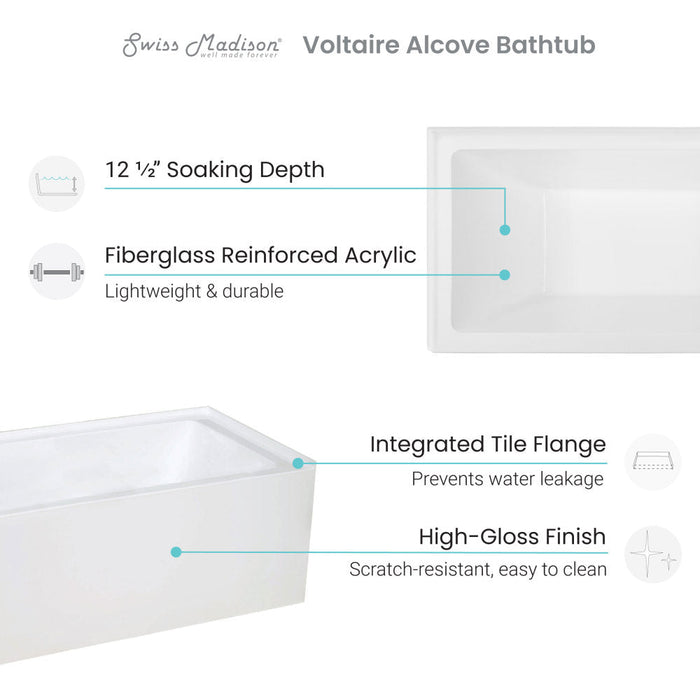 Swiss Madison Voltaire 48" x 32" Left-Hand Drain Alcove Bathtub with Apron - SM-AB552