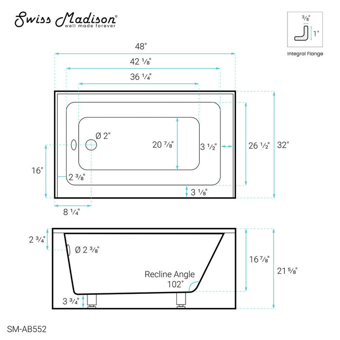 Swiss Madison Voltaire 48" x 32" Left-Hand Drain Alcove Bathtub with Apron - SM-AB552