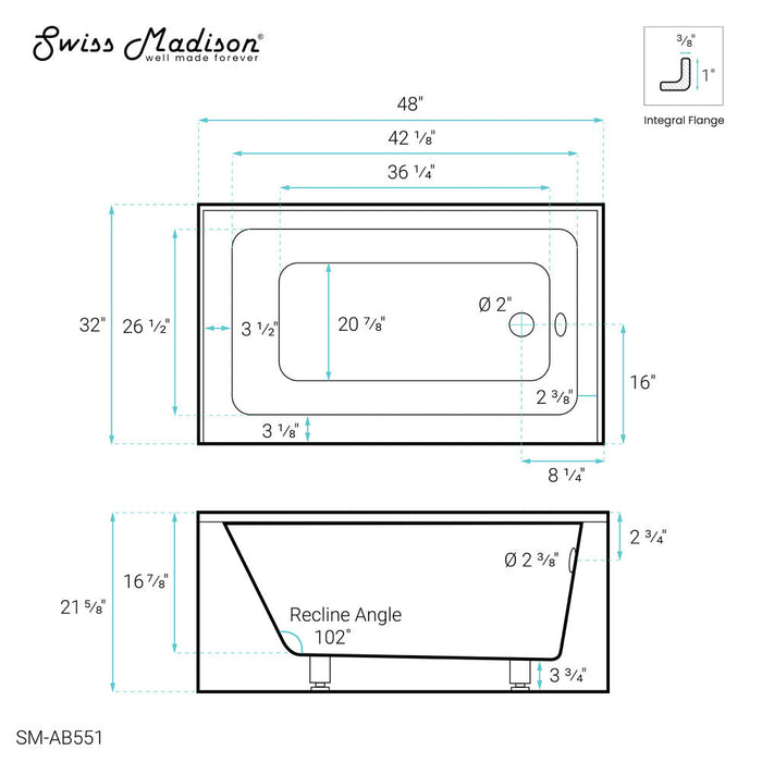 Swiss Madison Voltaire 48" x 32" Right-Hand Drain Alcove Bathtub with Apron - SM-AB551