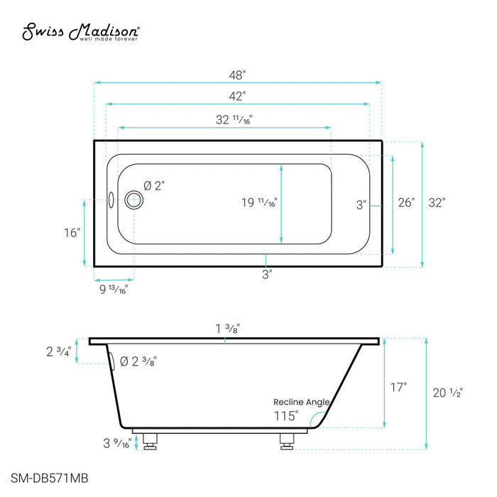 Swiss Madison Voltaire 48" x 32" Reversible Drain Drop-In Bathtub in Matte Black - SM-DB571MB