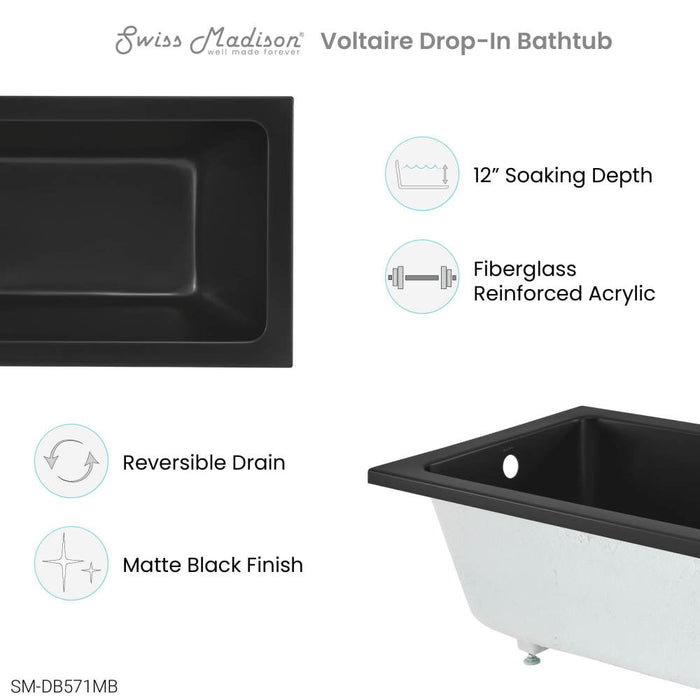 Swiss Madison Voltaire 48" x 32" Reversible Drain Drop-In Bathtub in Matte Black - SM-DB571MB