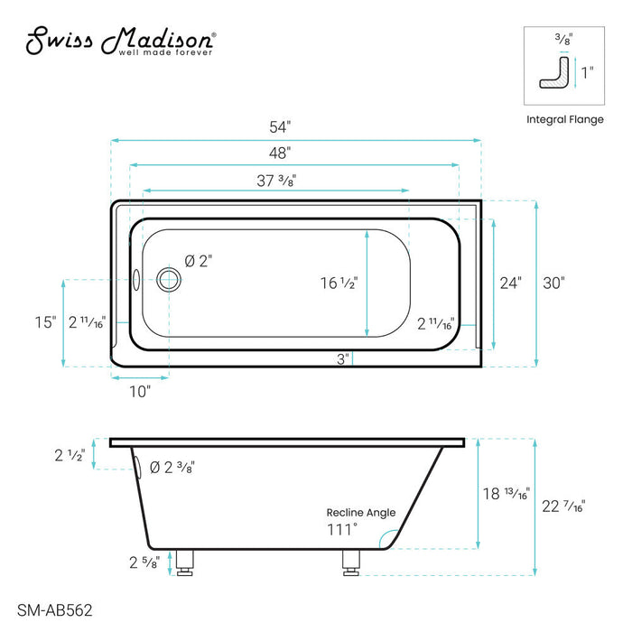 Swiss Madison Voltaire 54" x 30" Acrylic Glossy White, Alcove, Integral Left-Hand Drain, Bathtub - SM-AB562