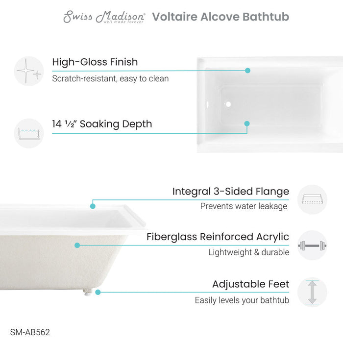 Swiss Madison Voltaire 54" x 30" Acrylic Glossy White, Alcove, Integral Left-Hand Drain, Bathtub - SM-AB562