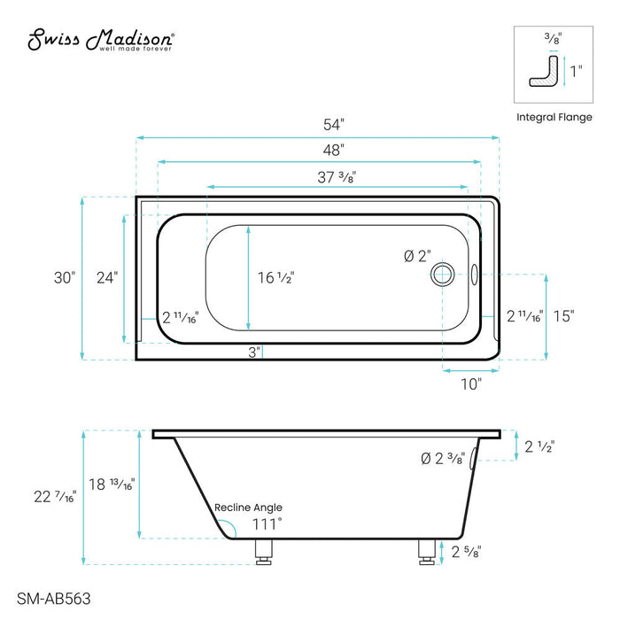 Swiss Madison Voltaire 54" x 30" Acrylic Glossy White, Alcove, Integral Right-Hand Drain, Bathtub - SM-AB563