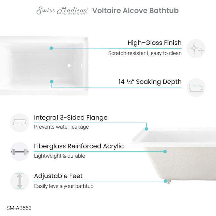 Swiss Madison Voltaire 54" x 30" Acrylic Glossy White, Alcove, Integral Right-Hand Drain, Bathtub - SM-AB563