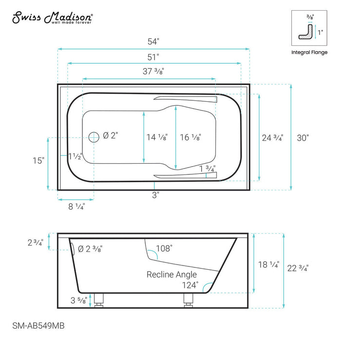 Swiss Madison Voltaire 54" x 30" Left-Hand Drain Alcove Bathtub with Apron in Matte Black - SM-AB549MB