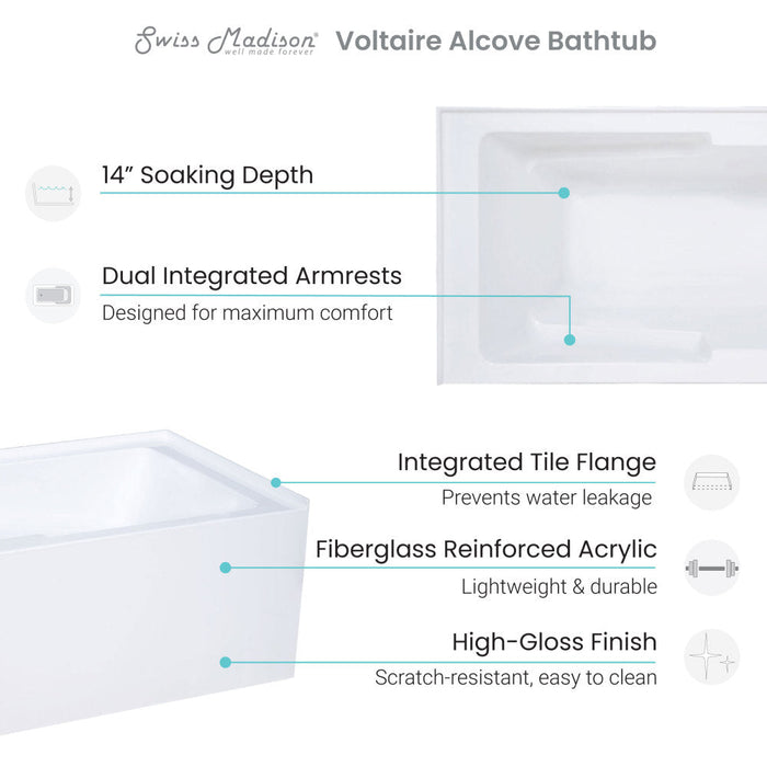 Swiss Madison Voltaire 54" x 30" Left-Hand Drain Alcove Bathtub with Apron & Armrest - SM-AB549