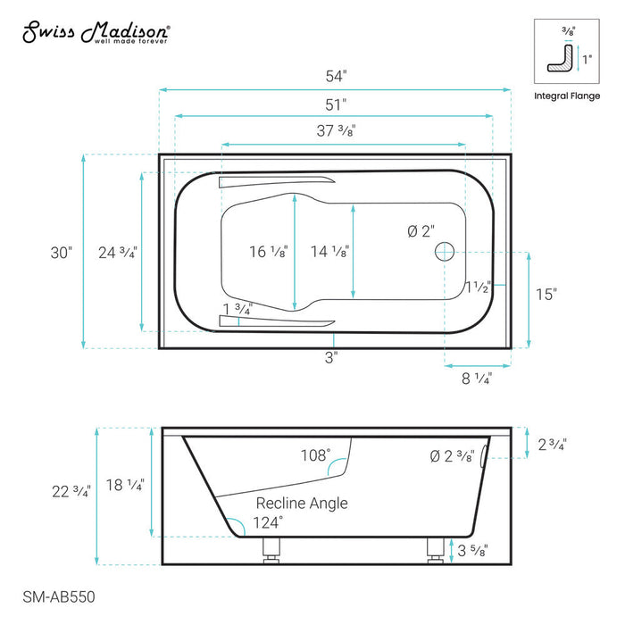 Swiss Madison Voltaire 54" x 30" Right-Hand Drain Alcove Bathtub with Apron & Armrest - SM-AB550