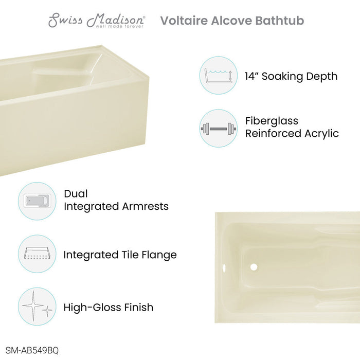 Swiss Madison Voltaire 54" x 30" Left-Hand Drain Alcove Bathtub with Apron in Bisque - SM-AB549BQ