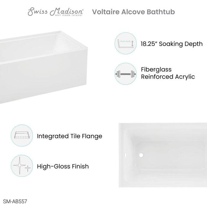 Swiss Madison Voltaire 54" x 30" Left-Hand Drain Alcove Bathtub with Apron - SM-AB557