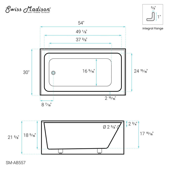 Swiss Madison Voltaire 54" x 30" Left-Hand Drain Alcove Bathtub with Apron - SM-AB557