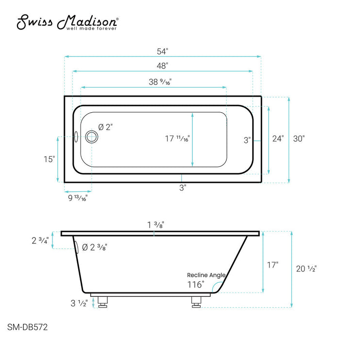 Swiss Madison Voltaire 54" x 30" Reversible Drain Drop-In Bathtub - SM-DB572