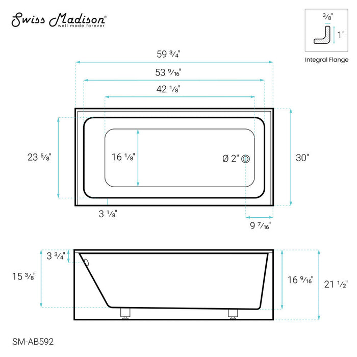 Swiss Madison Voltaire 60" x 30" Right-Hand Drain Alcove Bathtub with Apron - SM-AB592