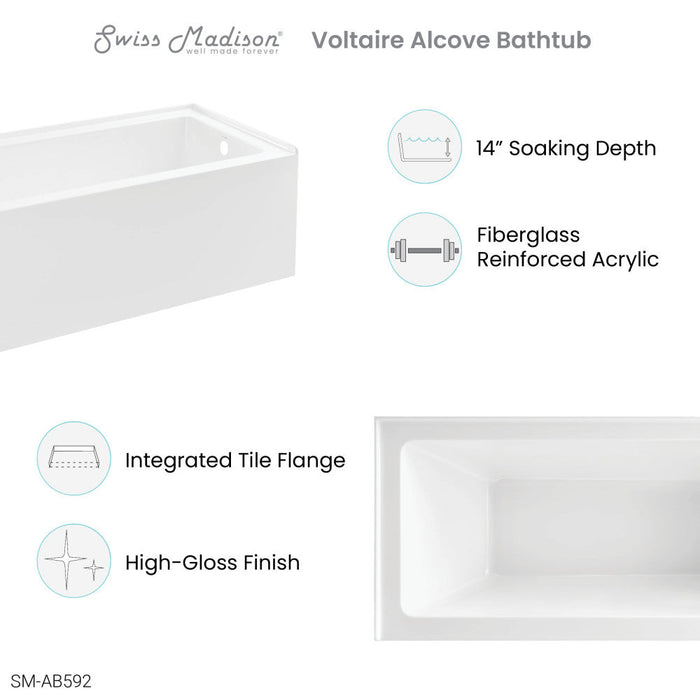 Swiss Madison Voltaire 60" x 30" Right-Hand Drain Alcove Bathtub with Apron - SM-AB592