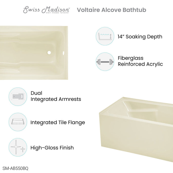 Swiss Madison Voltaire 54" x 30" Right-Hand Drain Alcove Bathtub with Apron in Bisque - SM-AB550BQ