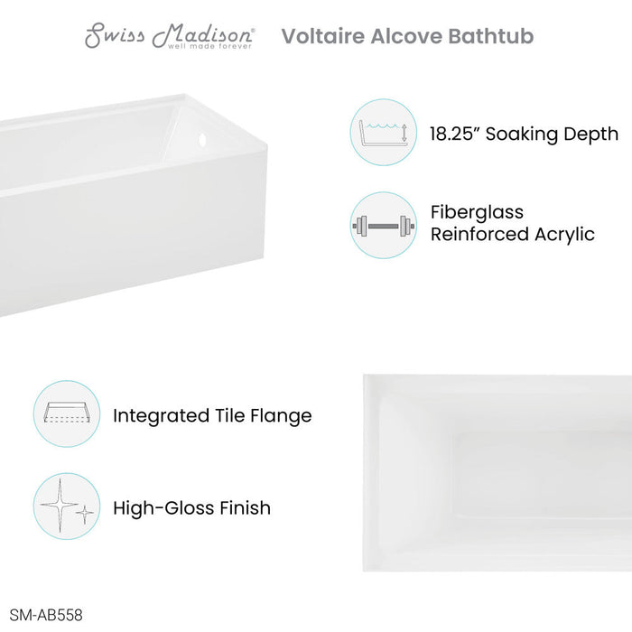 Swiss Madison Voltaire 54" x 30" Right-Hand Drain Alcove Bathtub with Apron - SM-AB558